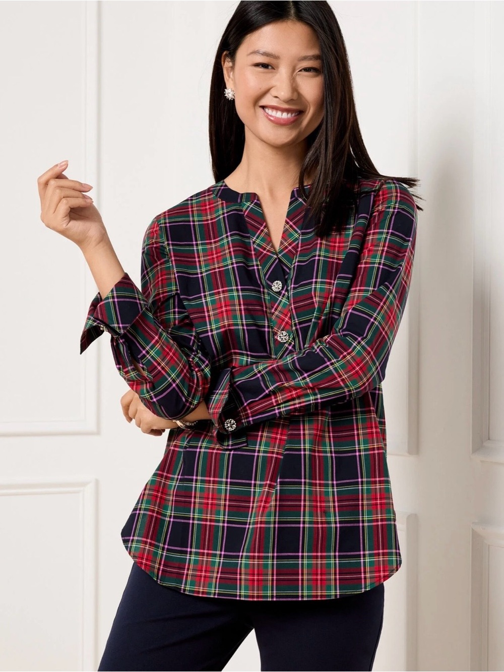 NWT Talbots Plus 2X band collar tunic in dashing plaid cotton blouse top tartan